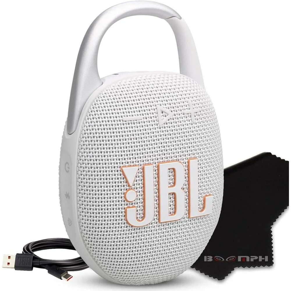 JBL Clip 5 Portable Bluetooth Speaker, IP67 Waterproof & Dustproof, Long-Lasting Battery - White - Boomph's Comprehensive Ultimate Performance Cloth Solution for Your On-The-Go Sound Experience