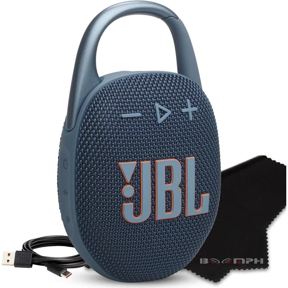 JBL Clip 5 Portable Bluetooth Speaker, IP67 Waterproof & Dustproof, Long-Lasting Battery - Blue - Boomph's Comprehensive Ultimate Performance Cloth Solution for Your On-The-Go Sound Experience