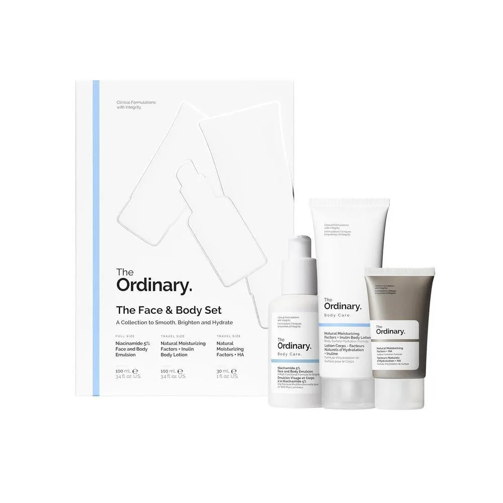 The Ordinary Set Facial y Corporal de Rutina Diaria de Cuidado de la Piel con Emulsión Facial y Corporal de Niacinamida 5%, Loción Corporal Hidratante Natural con Inulina y Factores Hidratantes