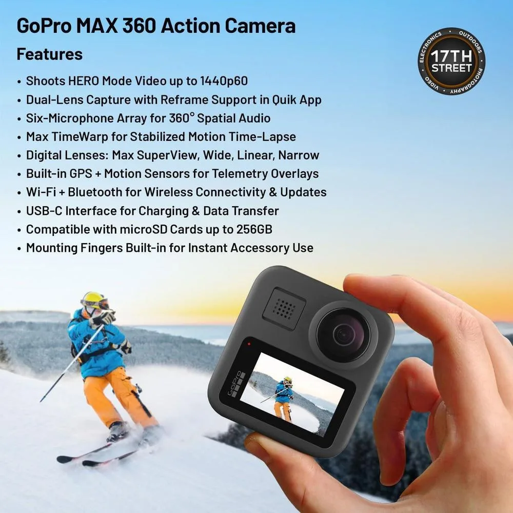 GoPro Cámara de acción MAX 360 con grabación de video 5.6K, estabilización HyperSmooth y PowerPano, con batería y microSDHC