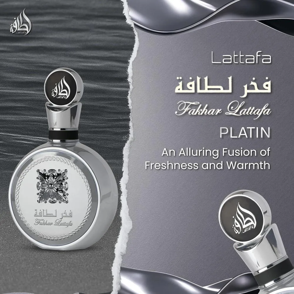 Lattafa Fakhar Platin Eau de Parfum para hombre, fragancia picante de madera con bergamota, jengibre y sándalo, aroma audaz y moderno