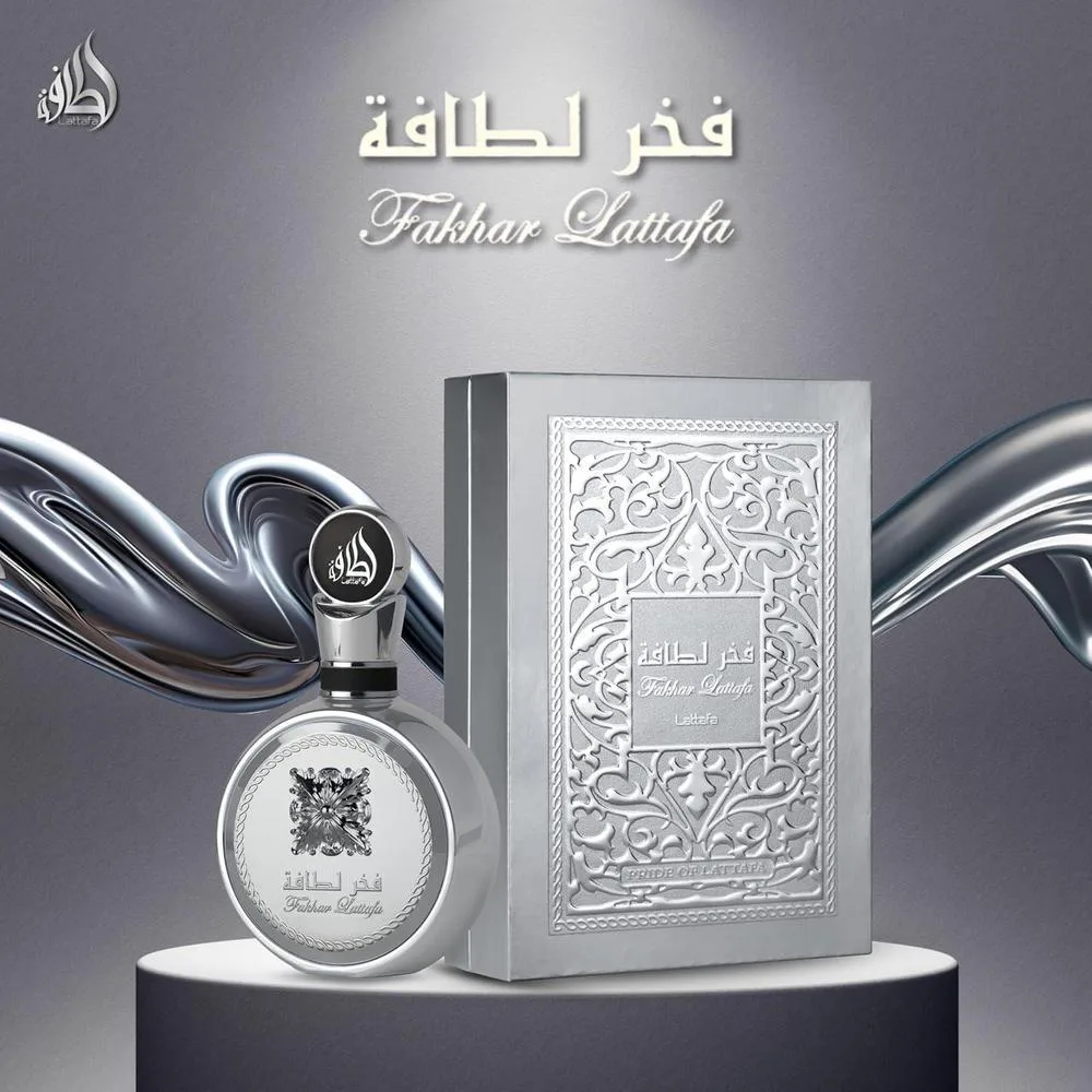 Lattafa Fakhar Platin Eau de Parfum para hombre, fragancia picante de madera con bergamota, jengibre y sándalo, aroma audaz y moderno