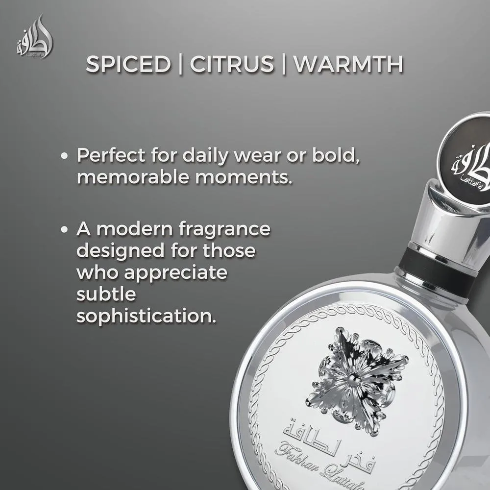 Lattafa Fakhar Platin Eau de Parfum para hombre, fragancia picante de madera con bergamota, jengibre y sándalo, aroma audaz y moderno