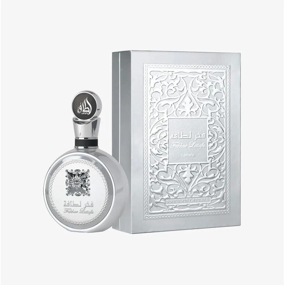 Lattafa Fakhar Platin Eau de Parfum para hombre, fragancia picante de madera con bergamota, jengibre y sándalo, aroma audaz y moderno