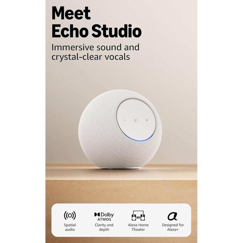 Amazon Echo Studio (newest model), our best Echo Studio yet, with immersive spatial audio and Dolby Atmos, designed for Alexa+, Glacier White