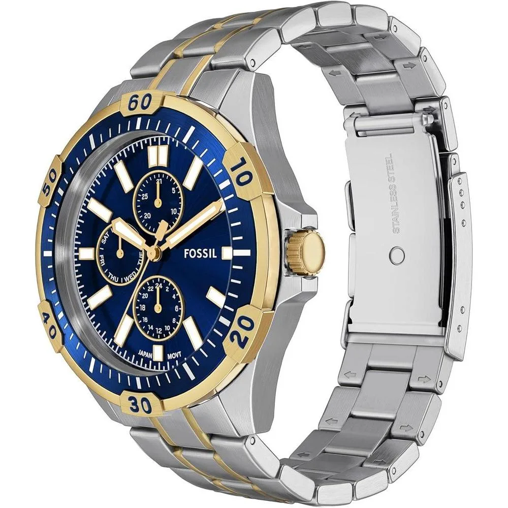 Reloj Fossil Garrett multifuncional de acero inoxidable en dos tonos con estilo deportivo y profundidad resistente al agua