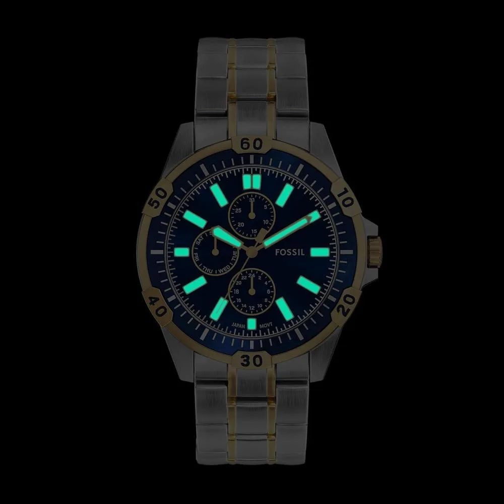 Reloj Fossil Garrett multifuncional de acero inoxidable en dos tonos con estilo deportivo y profundidad resistente al agua