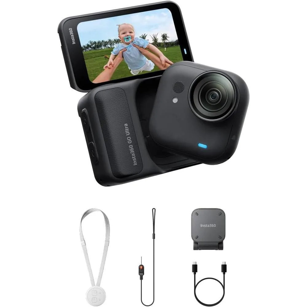 Insta360 GO Ultra - Small 4K Vlogging Camera, Hands-Free, POV Cam, 1/1.28" Sensor, 53g Lightweight, 156° FOV, 200 Min Battery Life, Magnetic Wearable Action Camera for Sports, Vlog，Midnight Black