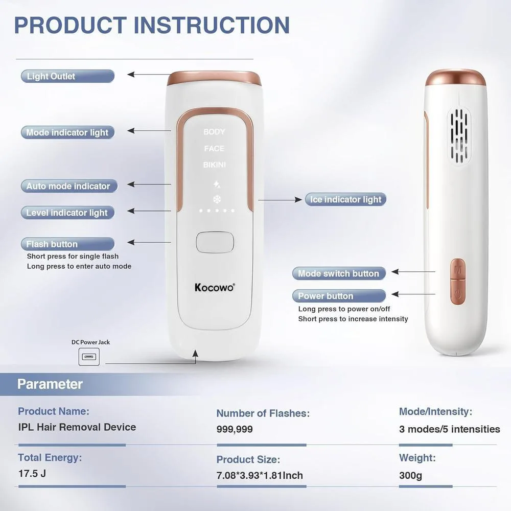 Depilación láser IPL para mujeres con enfriamiento de hielo, dispositivo eficaz y seguro en casa con 3 modos y 5 niveles de intensidad