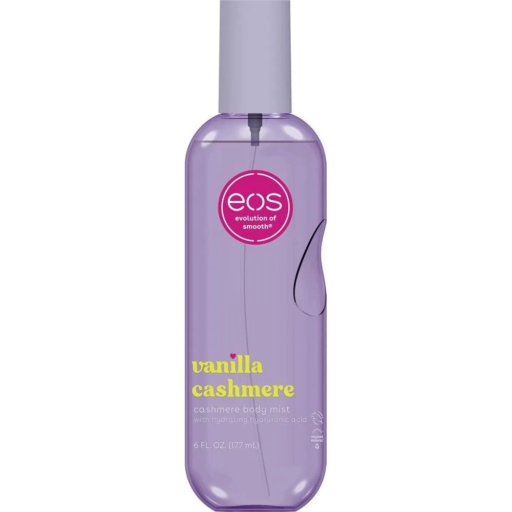 eos Rocío corporal de cachemira, cachemira de vainilla, almizcle suave, caramelo acogedor, niebla para el cabello, spray corporal hidratante para mujeres, ácido hialurónico, aerosol corporal de