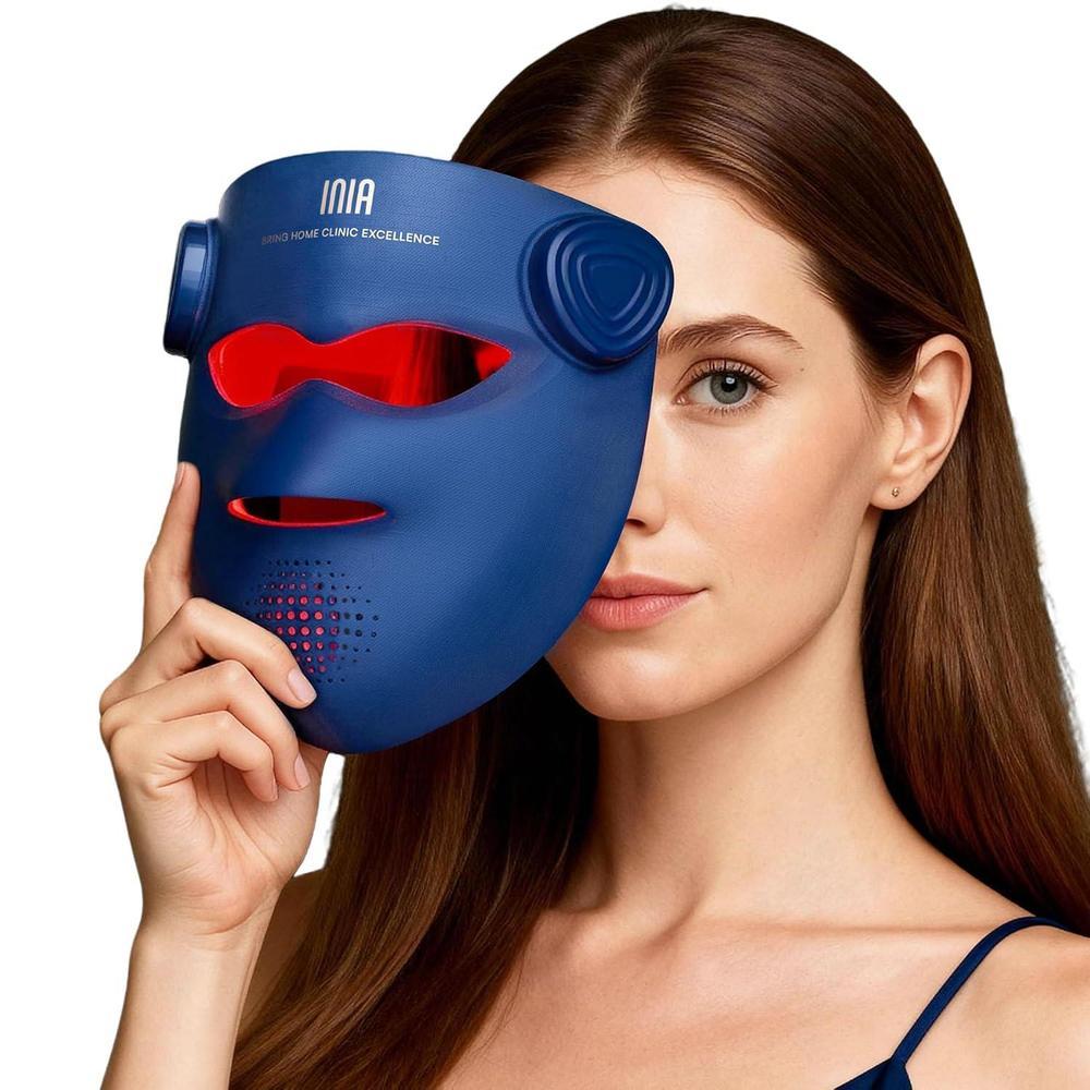 INIA Máscara de terapia de luz roja inalámbrica 4D para cara, NIR dual (850 nm + 940 nm), 320 LED, 4 modos, almohadilla de enfriamiento de hielo, máscara facial profesional LED para el cuidado de la