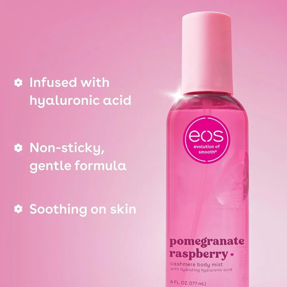 eos Spray corporal vegano y fragante con granada y frambuesa para mujer, con ácido hialurónico y libre de crueldad