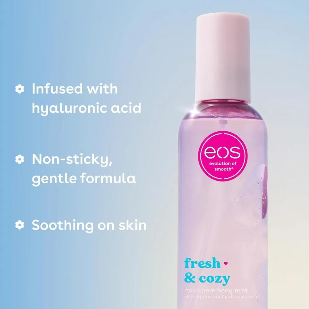 eos Spray corporal de cachemira, fresco y acogedor. Hidratante, vegano, libre de crueldad. Con ácido hialurónico y glicerina