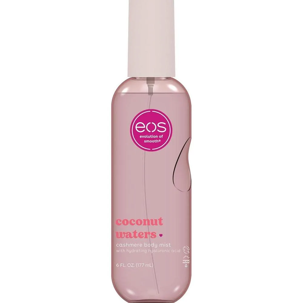 eos Spray corporal de cachemira, aguas de coco, spray corporal para mujeres, niebla para el cabello, perfume de coco, hidratante, ácido hialurónico, glicerina, vegano, libre de crueldad, 6 onzas