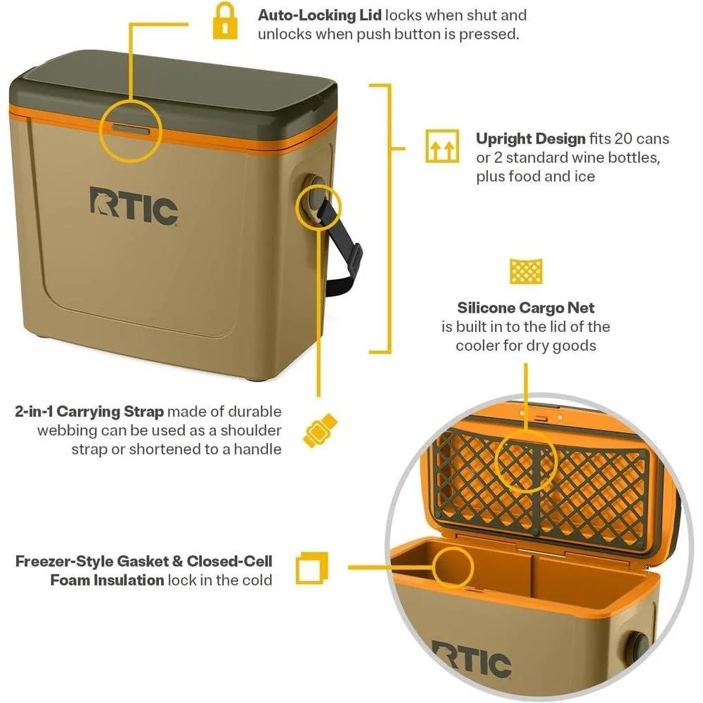 Enfriador portátil RTIC de 16 qt para exteriores, con correa y asa, ideal para playa, picnic, camping y viajes