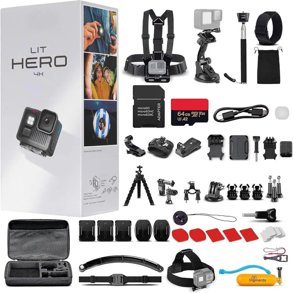GoPro LIT Hero 4K Lightweight Compact Action Camera (Go Pro Hero LIT) | Built-in LED Light | HyperSmooth Stabilization | for Vlogging Sports & Travel + 50 Piece Accessory Kit + 64GB Card + More