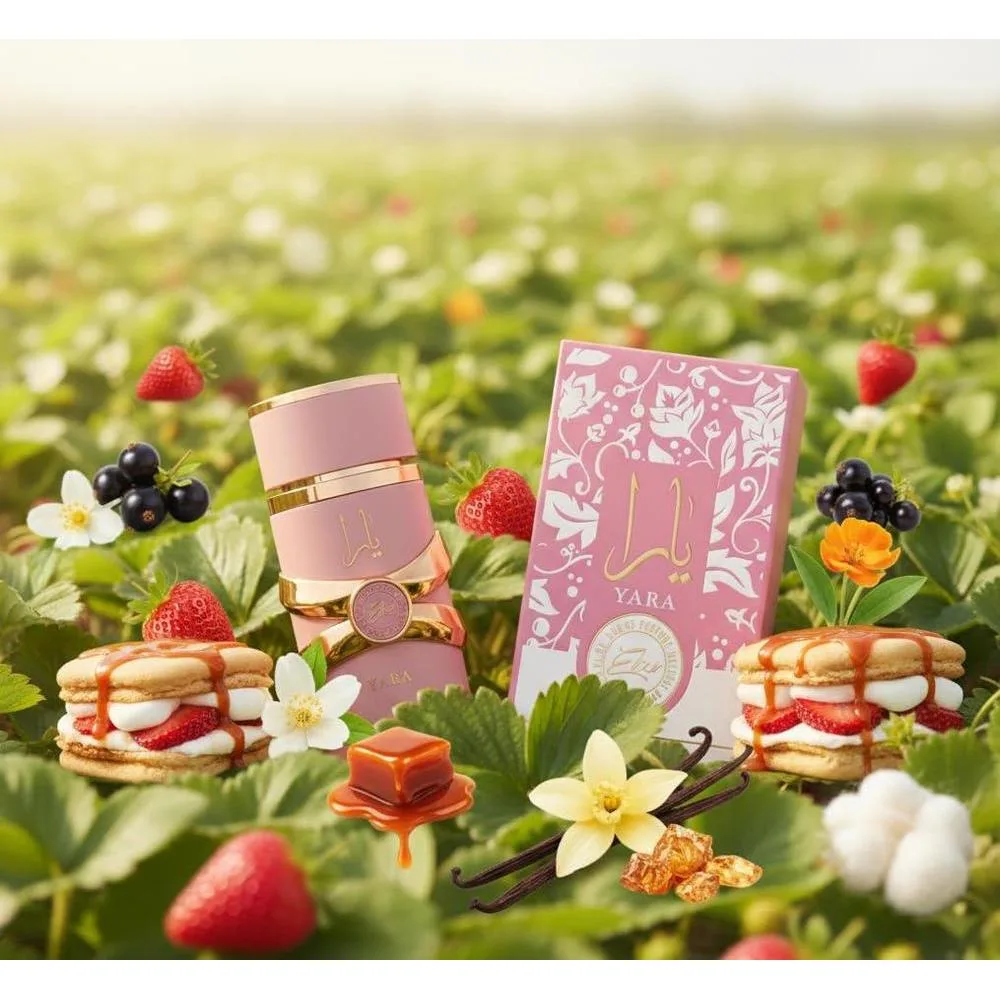 Lattafa Yara Elixir Eau De Parfum con deliciosas notas de fresa, grosella y un toque floral de jazmín y flor de naranja