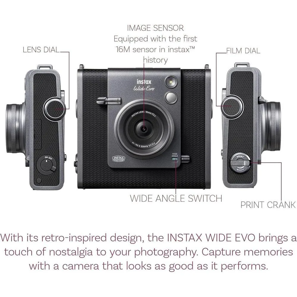 Fujifilm Instax Wide Evo Hybrid Instant Camera Bundle con funda, tarjeta de 32GB y más accesorios