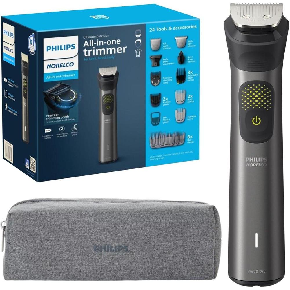 Philips Multigroom Series 9000 Recortadora 24 en 1 para Barba, Cabello y Cuerpo Kit de Aseo | Peine de Recorte de Precisión, Cuchillas de Acero Autoafilables, Tecnología BeardSense, Impermeable, El