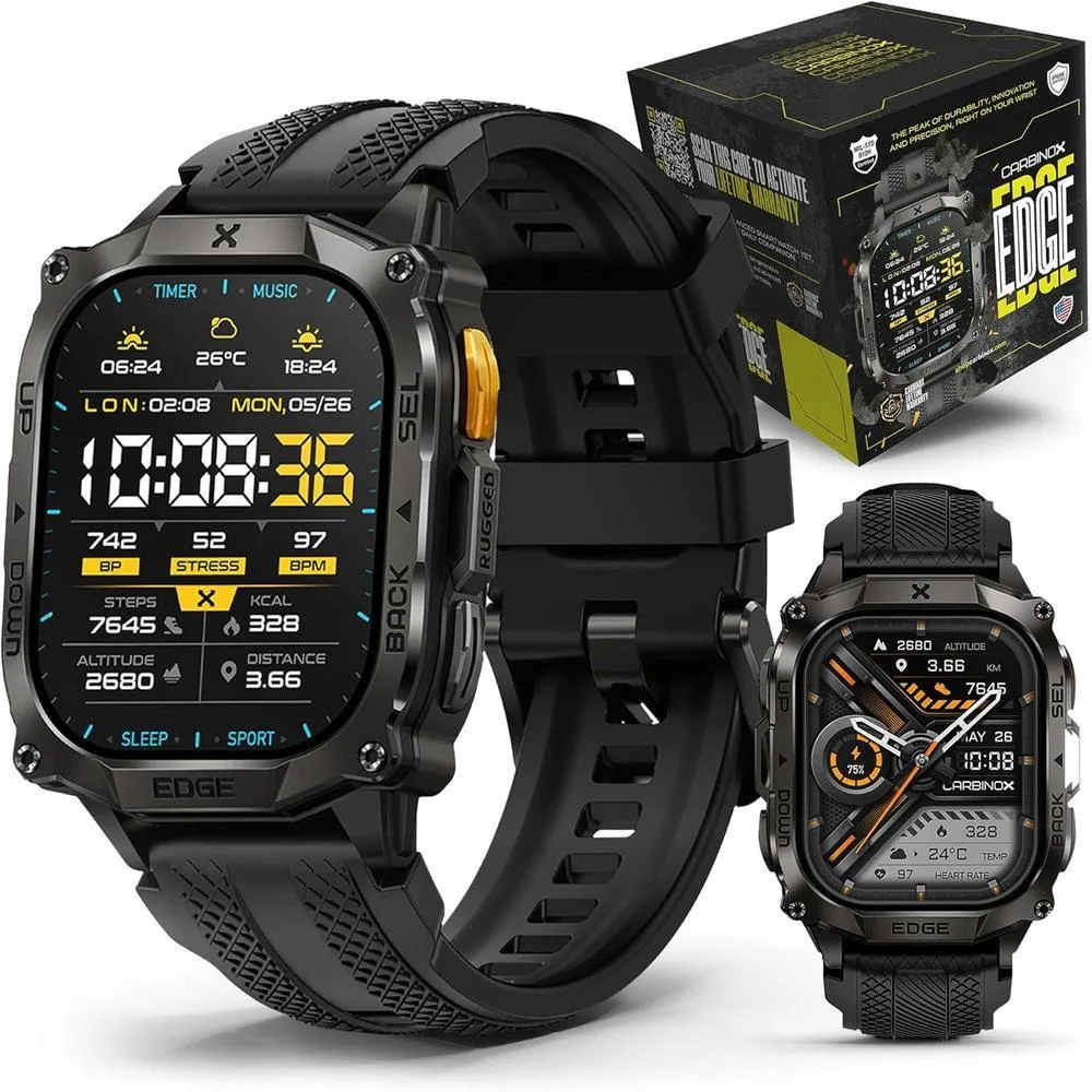CARBINOX Edge Smart Watch Rugged, 1.96″ AMOLED, Stainless Steel, IP69K/5ATM Fitness trackers, Dual-Band GNSS, 500mAh, Bluetooth Calls, Smart Watch for Android Phones iOS (Black)