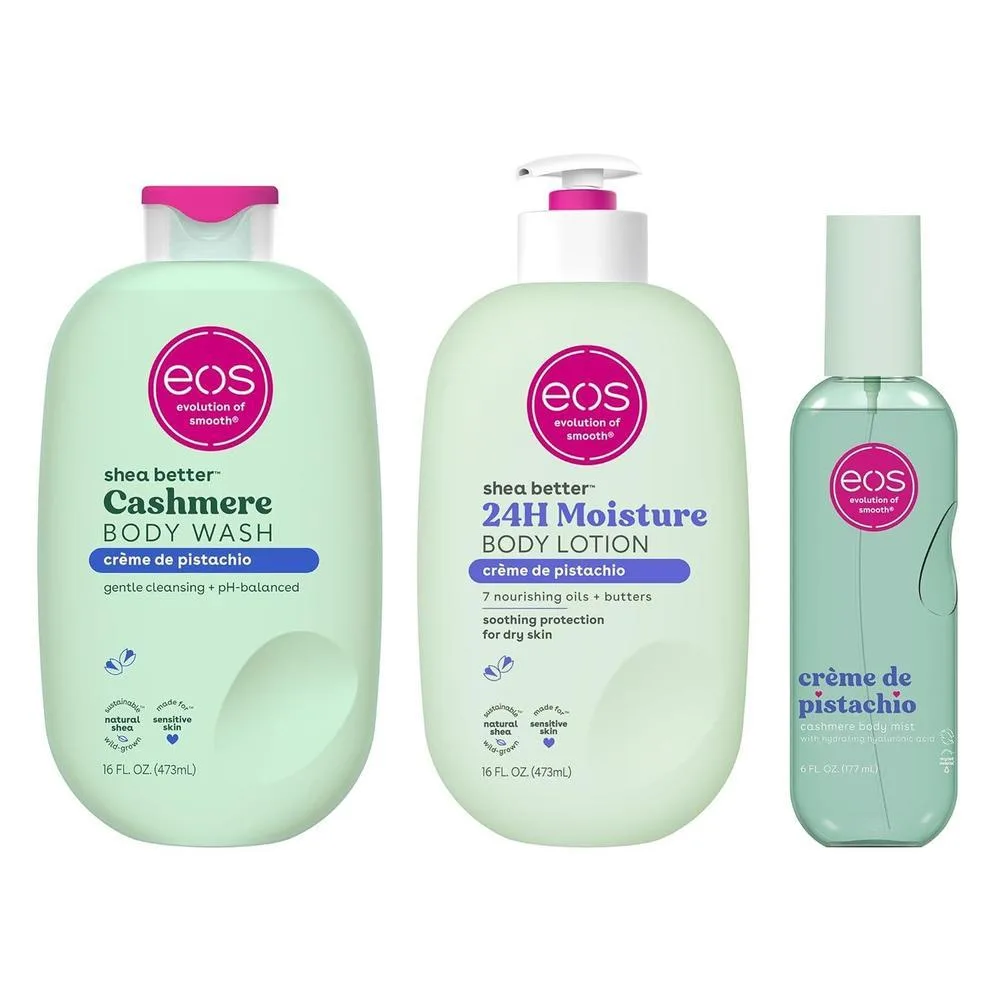 Set eos Essentials con gel, loción y niebla corporal de crème de pistachio para piel hidratada y suave, aroma delicioso