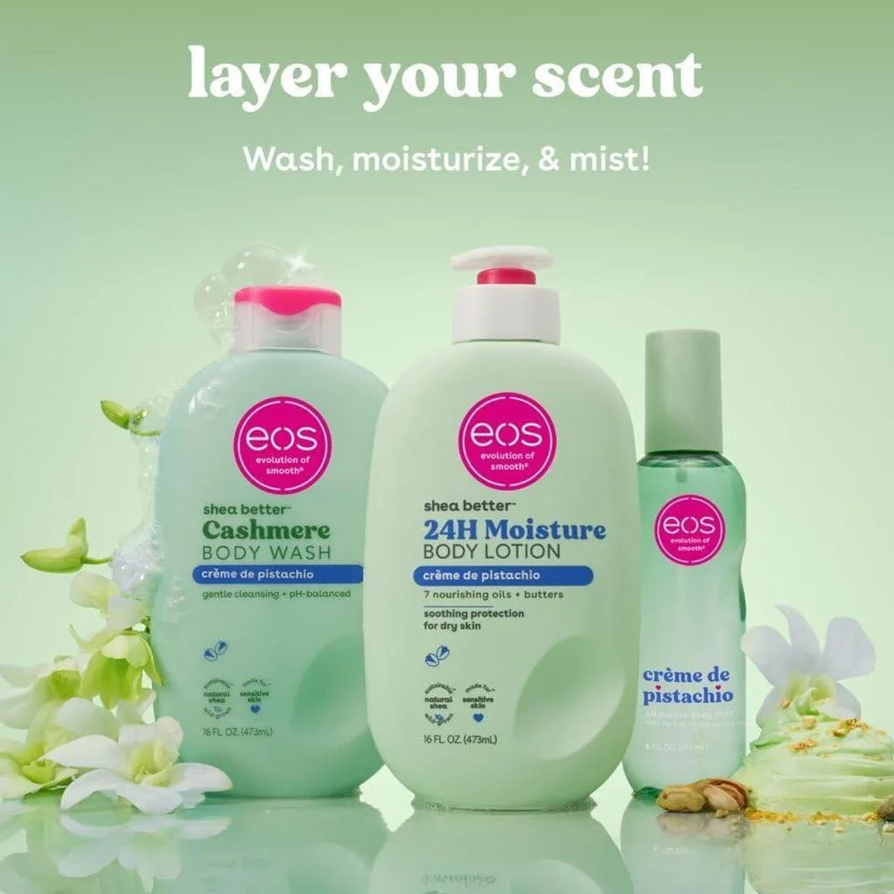 Set eos Essentials con gel, loción y niebla corporal de crème de pistachio para piel hidratada y suave, aroma delicioso