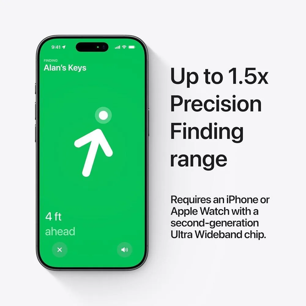 Rastreador AirTag de segunda generación de Apple con diseño sostenible, precisión y sonido optimizado, ideal para iPhone y Apple Watch
