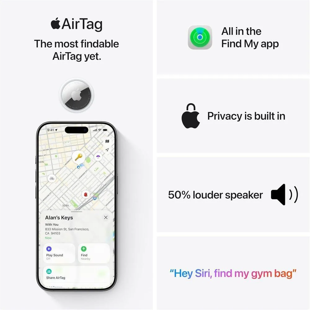 Rastreador AirTag de segunda generación de Apple con diseño sostenible, precisión y sonido optimizado, ideal para iPhone y Apple Watch