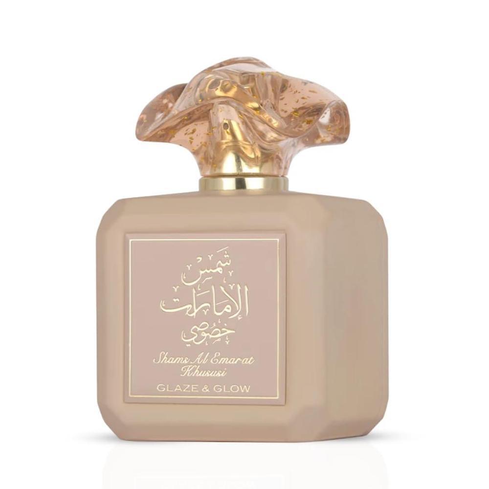 Ard al Zaafaran Shams Al Emarat Khususi Glaze & Glow - Perfumes árabes de larga duración para mujer, 3.4 fl oz (3.4 onzas), Eau de Parfum en espray con notas florales y afrutadas, un regalo exclusivo
