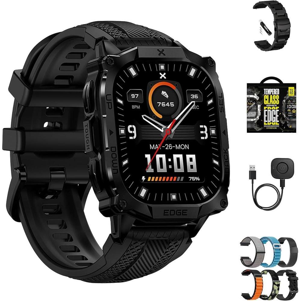 CARBINOX Edge Smart Watch Rugged, 1.96″ AMOLED, Stainless Steel, IP69K/5ATM Fitness trackers, Dual-Band GNSS, 500mAh, Bluetooth Calls, Smart Watch for Android Phones iOS (Black Ultimate Pack)