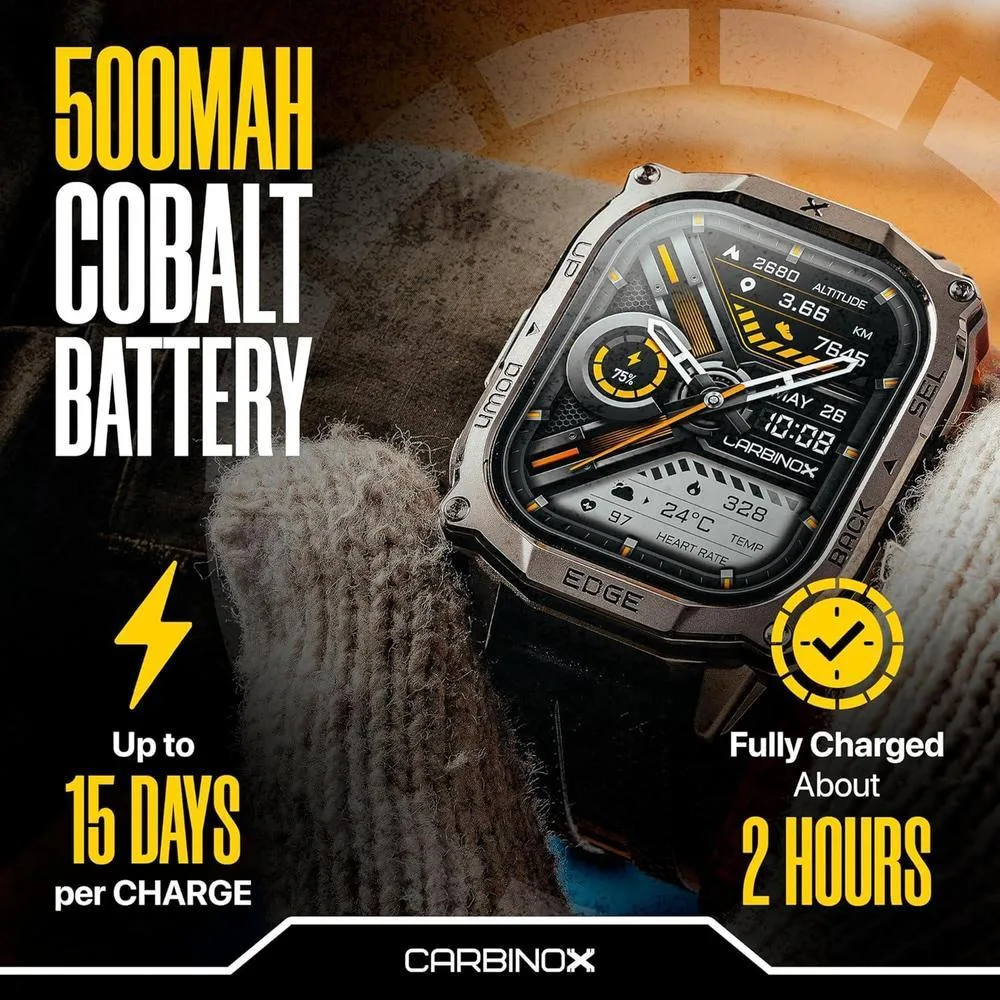 CARBINOX Smartwatch resistente con pantalla AMOLED, acero inoxidable, IP69K/5ATM, GNSS dual, batería 500mAh, Bluetooth