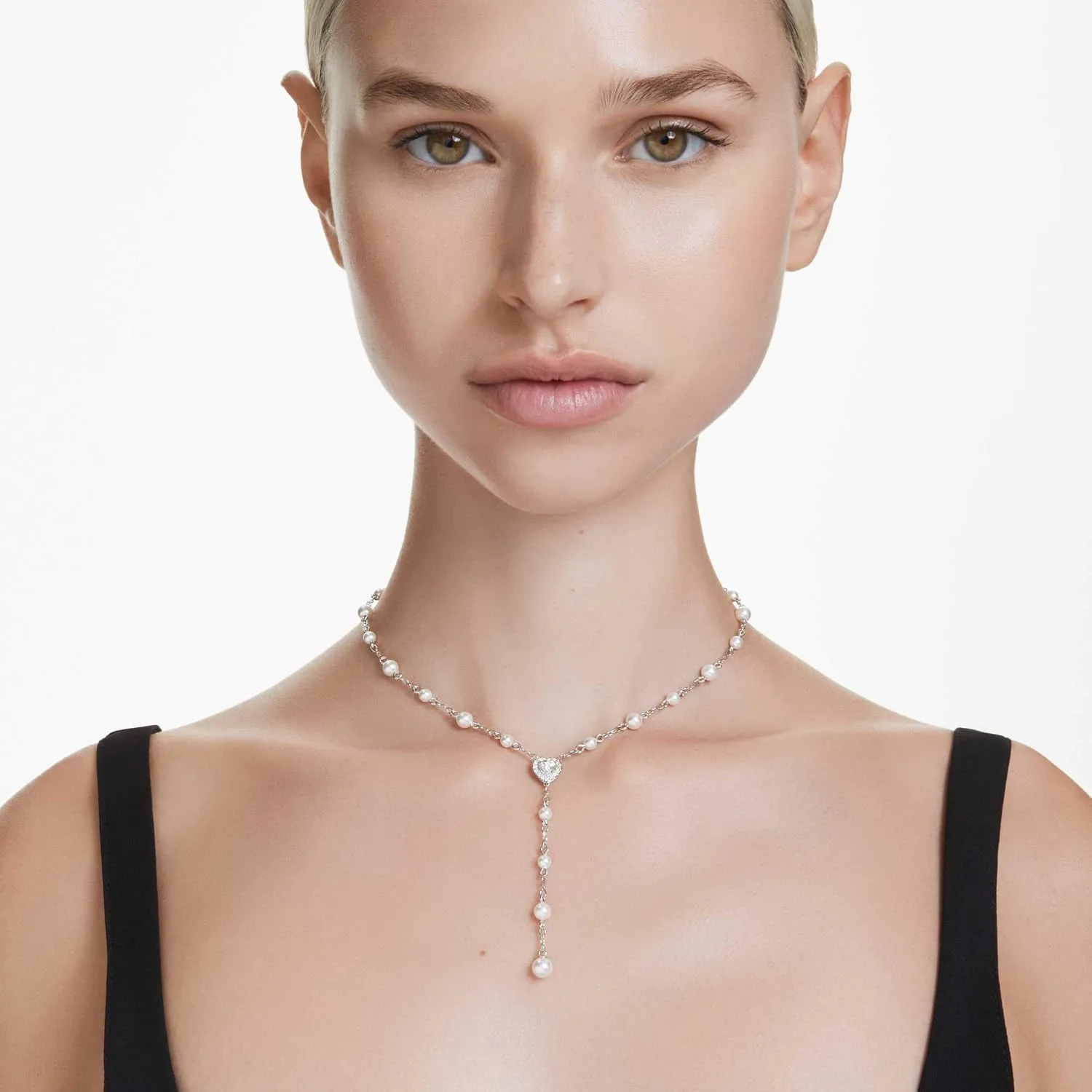Collar Y Swarovski Ariana Grande con Perlas de Cristal y Corazon Banado en Rodio miniatura 5