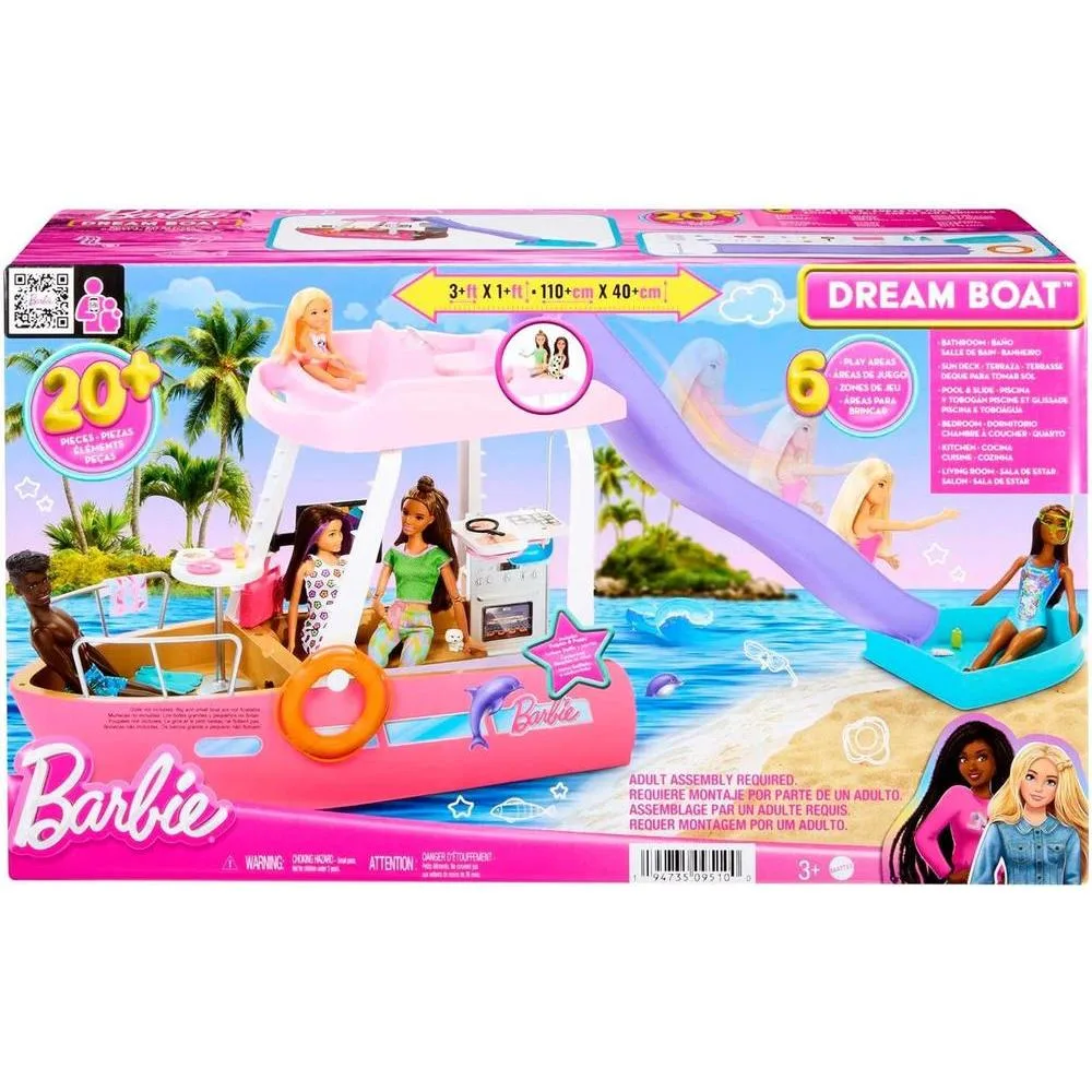 Barbie Dream Boat Playset con más de 20 accesorios temáticos oceánicos incluye tobogán, piscina y delfín