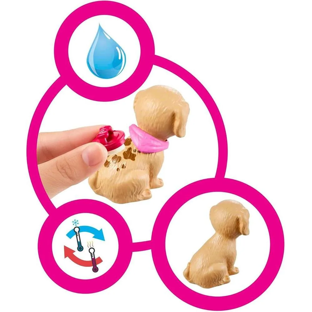 Muñeca Barbie rubia y conjunto boutique de mascotas con 4 mascotas, función de cambio de color y accesorios