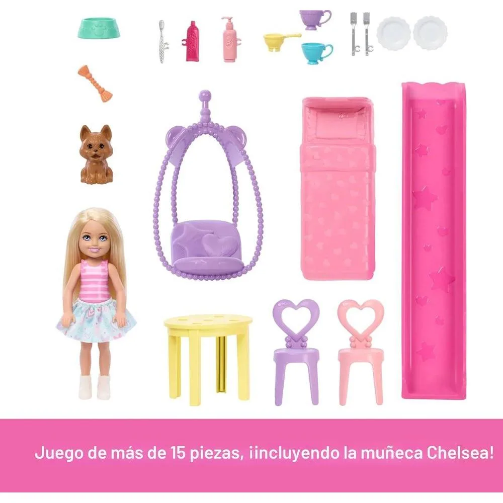 Barbie Chelsea Toy Dollhouse con 15+ accesorios, casa pop-up con 5 áreas de juego y tobogán, incluye muñeca y perro mascota