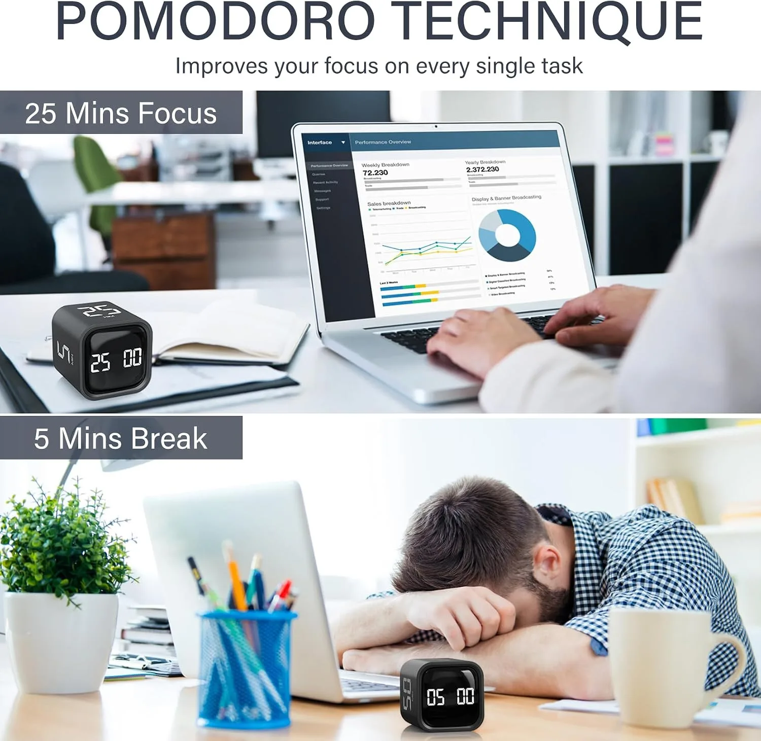 Timer Pomodoro Rotativo OORAII 5/25/10/50 min - Negro