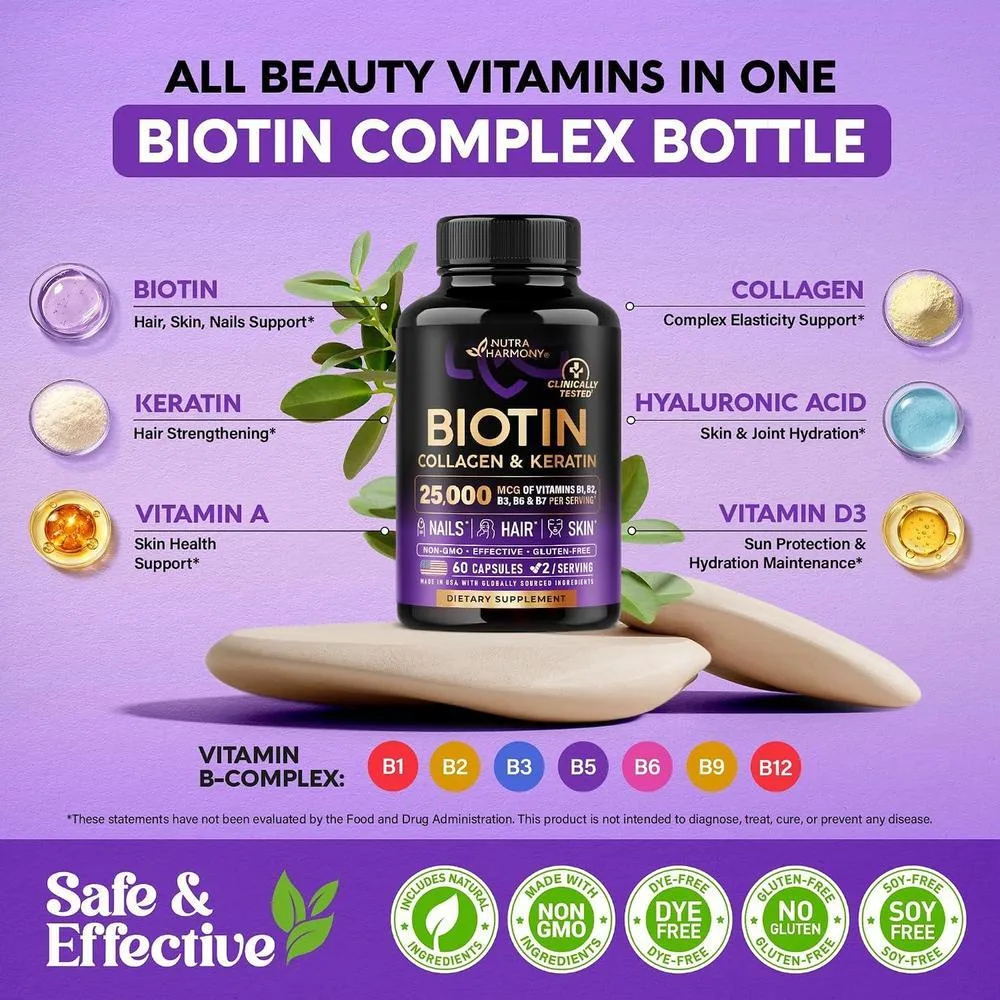 Vitaminas para Cabello, Piel y Uñas con Biotina, Colágeno, Ácido Hialurónico y Queratina para Hombres y Mujeres