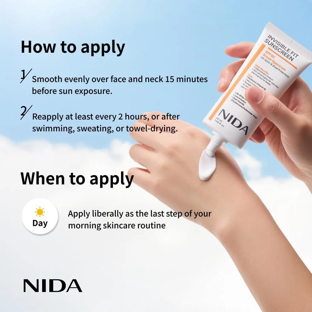 NIDA Invisible Fit Protector solar SPF 50, amplio espectro UV-A/UV-B, sin manchas blancas, ligeroy adecuado para todo tipo de piel