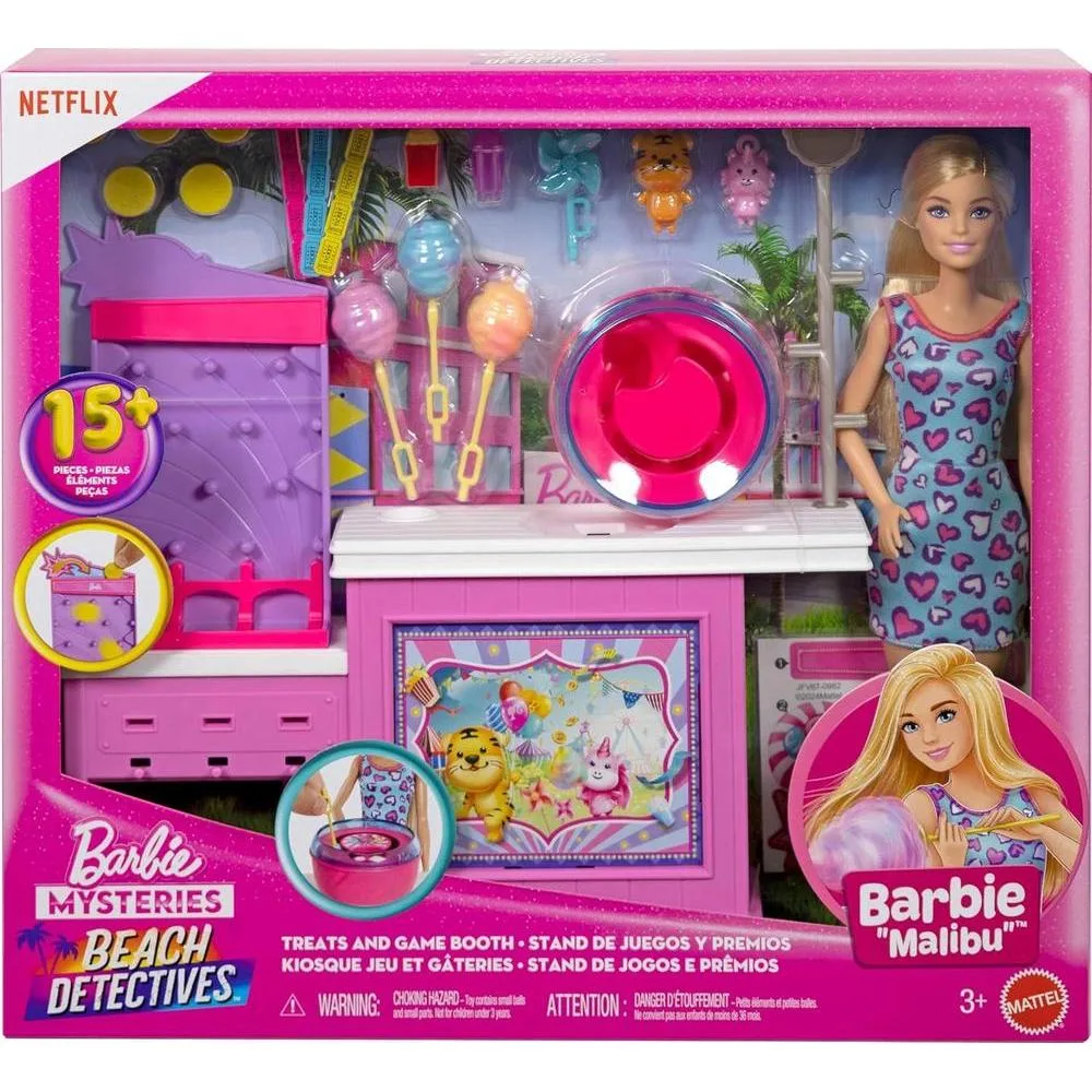 Barbie Mysteries: Muñeca Malibu y Set de Cabina de Juegos de Algodón de Azúcar con 20 Accesorios