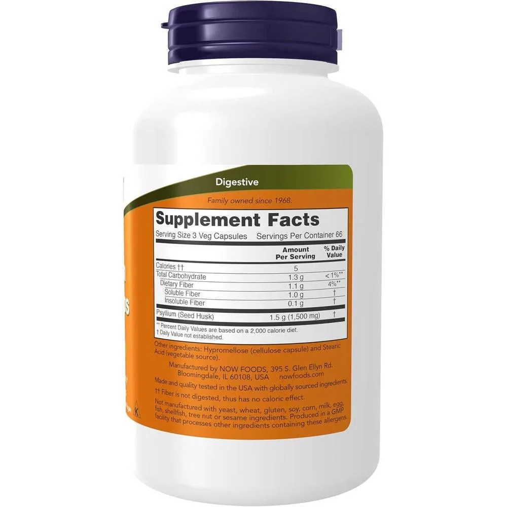 NOW Foods Psyllium Husk Caps 500 mg, Suplemento con fibra soluble natural para la salud intestinal, 200 cápsulas veganas