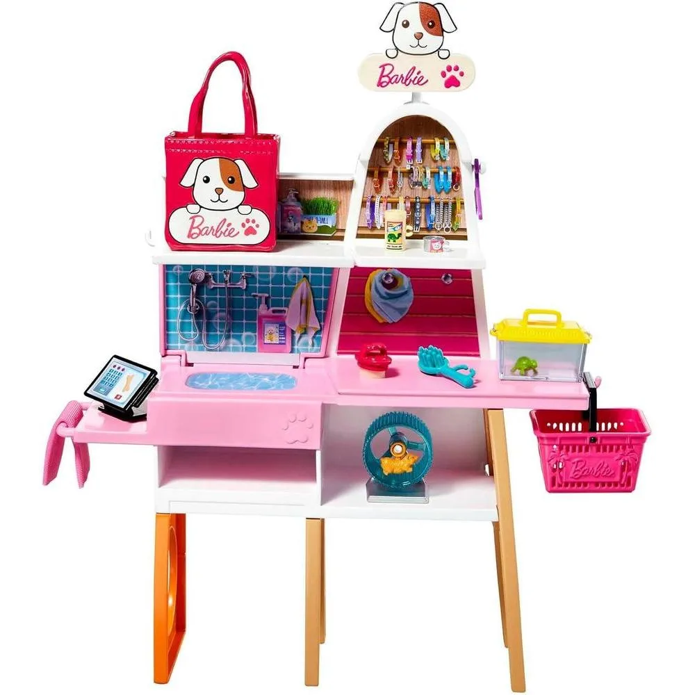 Muñeca Barbie rubia y conjunto boutique de mascotas con 4 mascotas, función de cambio de color y accesorios