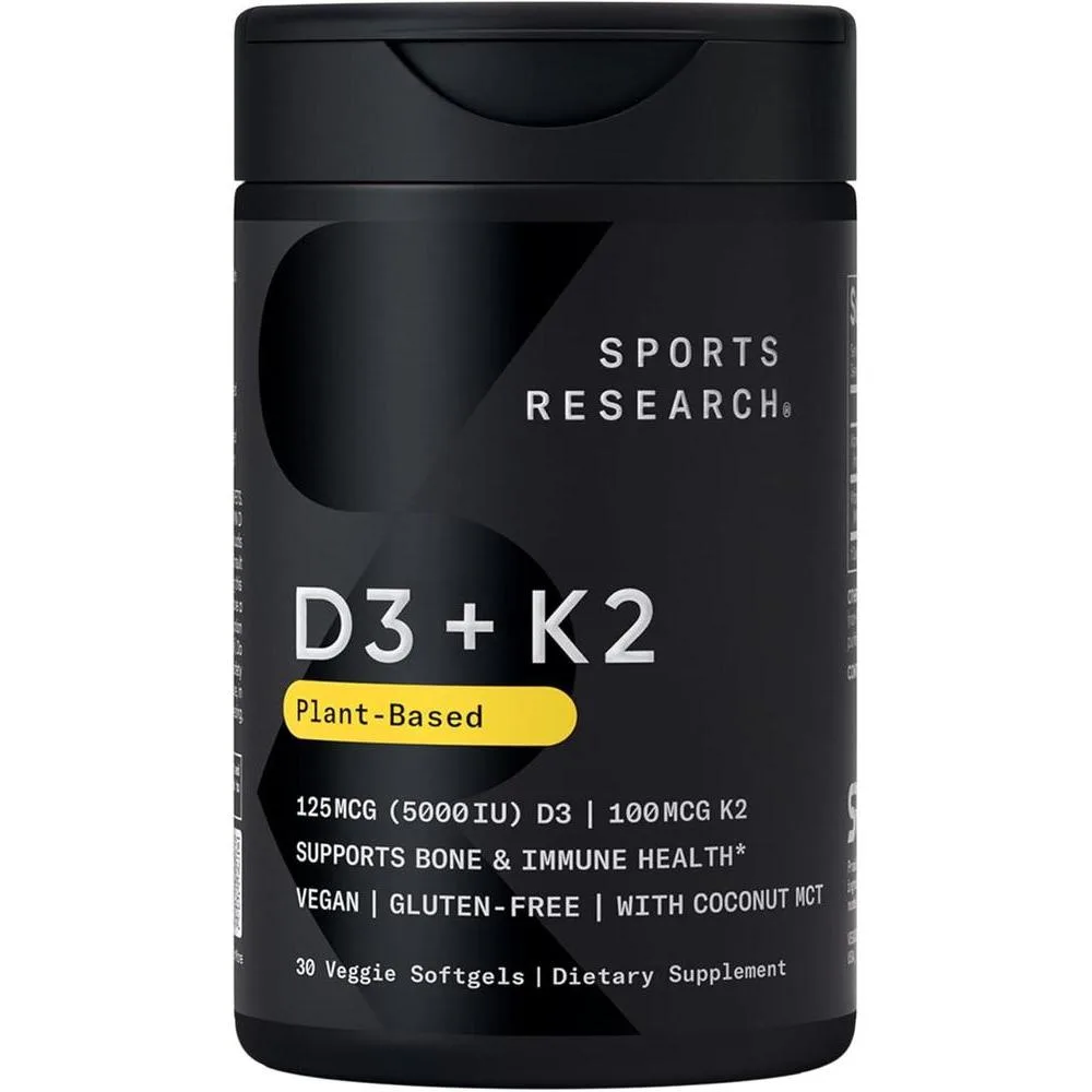 Sports Research® Vegan Vitamin D3 + K2 w/Coconut Oil, 30 Count Plantgels™