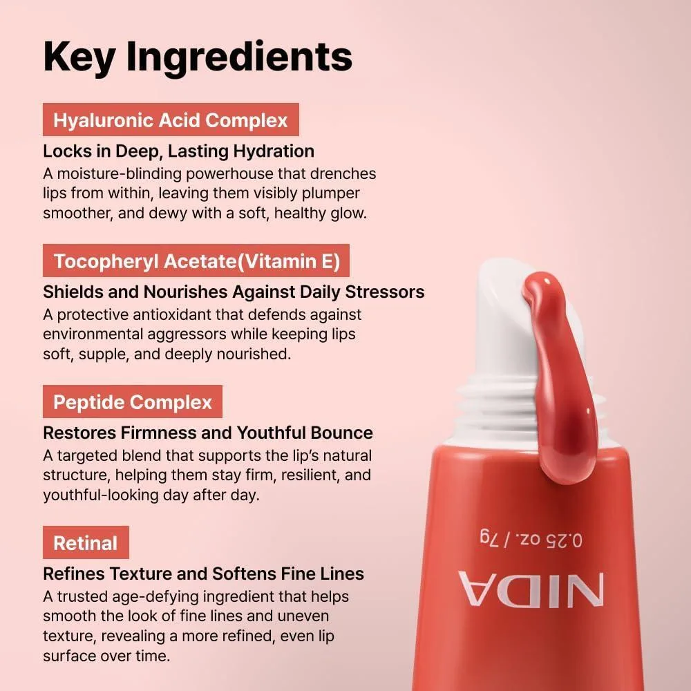 NIDA Retinal Glowy Lip Serum, suero labial hidratante que nutre, da brillo y volumen, ideal para labios suaves y jóvenes