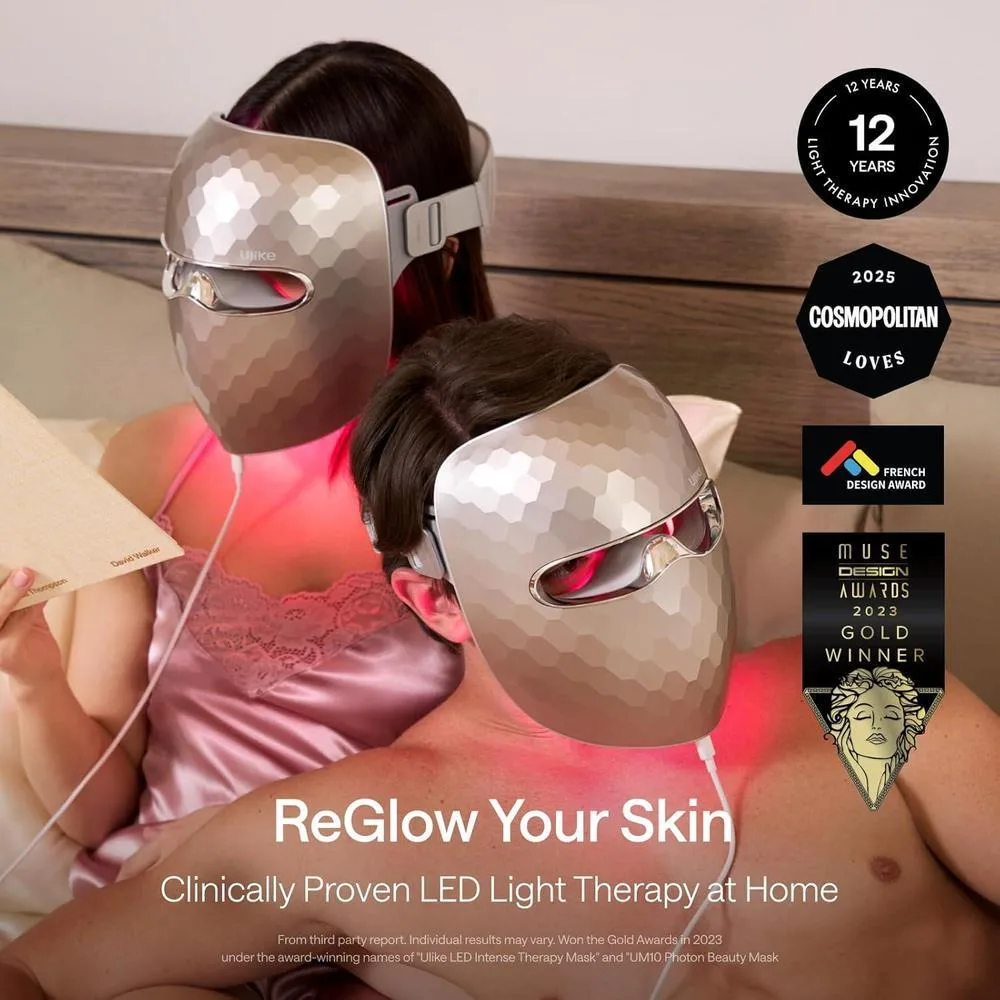 Máscara facial LED Ulike ReGlow para terapia de luz roja, azul, amarilla e infrarroja antiacné y antienvejecimiento con control remoto