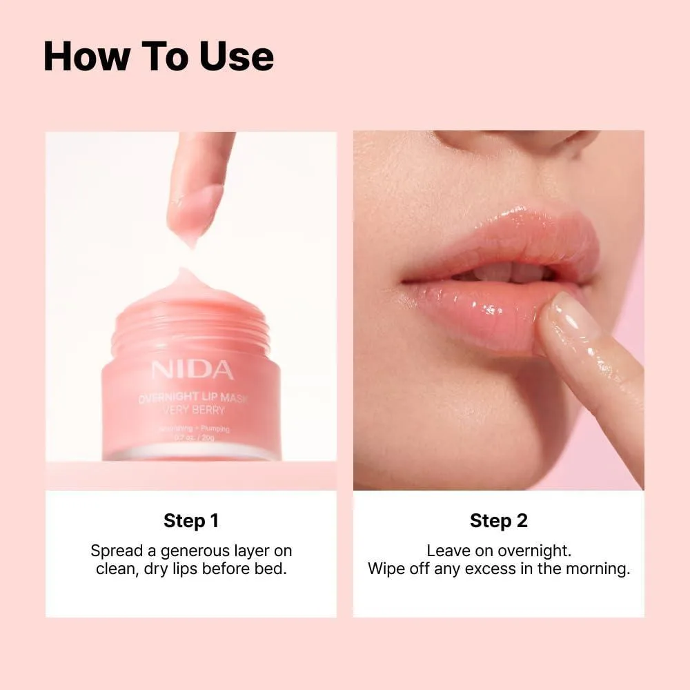 Máscara de noche para labios NIDA Very Berry con hidratación intensa y efecto rellenador para labios secos y agrietados