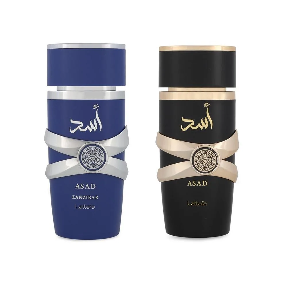 Lattafa Asad 5th Anniversary Edition – Spicy, Woody, Amber, Sweet – 2 Piece Eau de Parfum Gift Set for Men (Asad + Asad Zanzibar, 2 × 3.4 Ounce / 100 ml Sprays)
