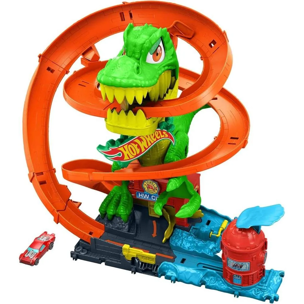 Hot Wheels Toy Car Track Set, City T-Rex Blaze Battle Playset & 1:64 Scale Die-Cast Vehicle with Spinning Dinosaur Eyes