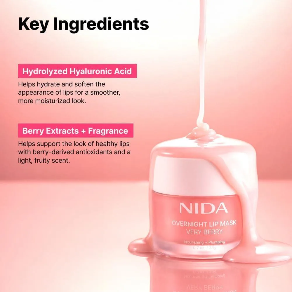 Máscara de noche para labios NIDA Very Berry con hidratación intensa y efecto rellenador para labios secos y agrietados