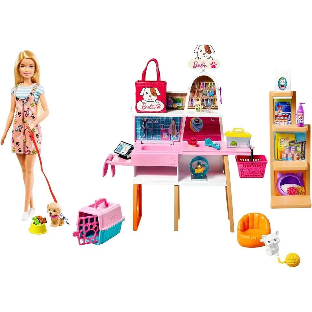 Muñeca Barbie rubia 29 cm con set boutique de mascotas