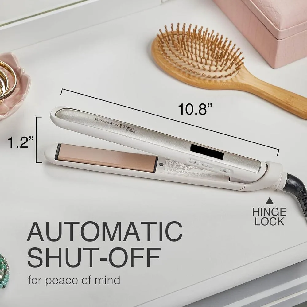 Plancha Remington Shine Therapy infundida con aceite de argán y queratina para un acabado profesional y sin encrespamientos